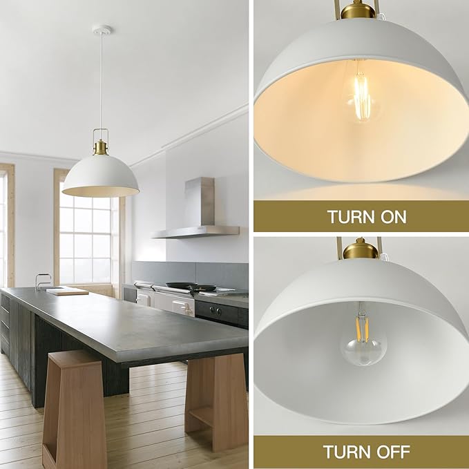 18 Inch White Farmhouse Pendant Lights for Kitchen Island Industrial Haning Lamp Adjustable Height Vintage Dome Hanging Light Fixtures for Barn, Dining Room