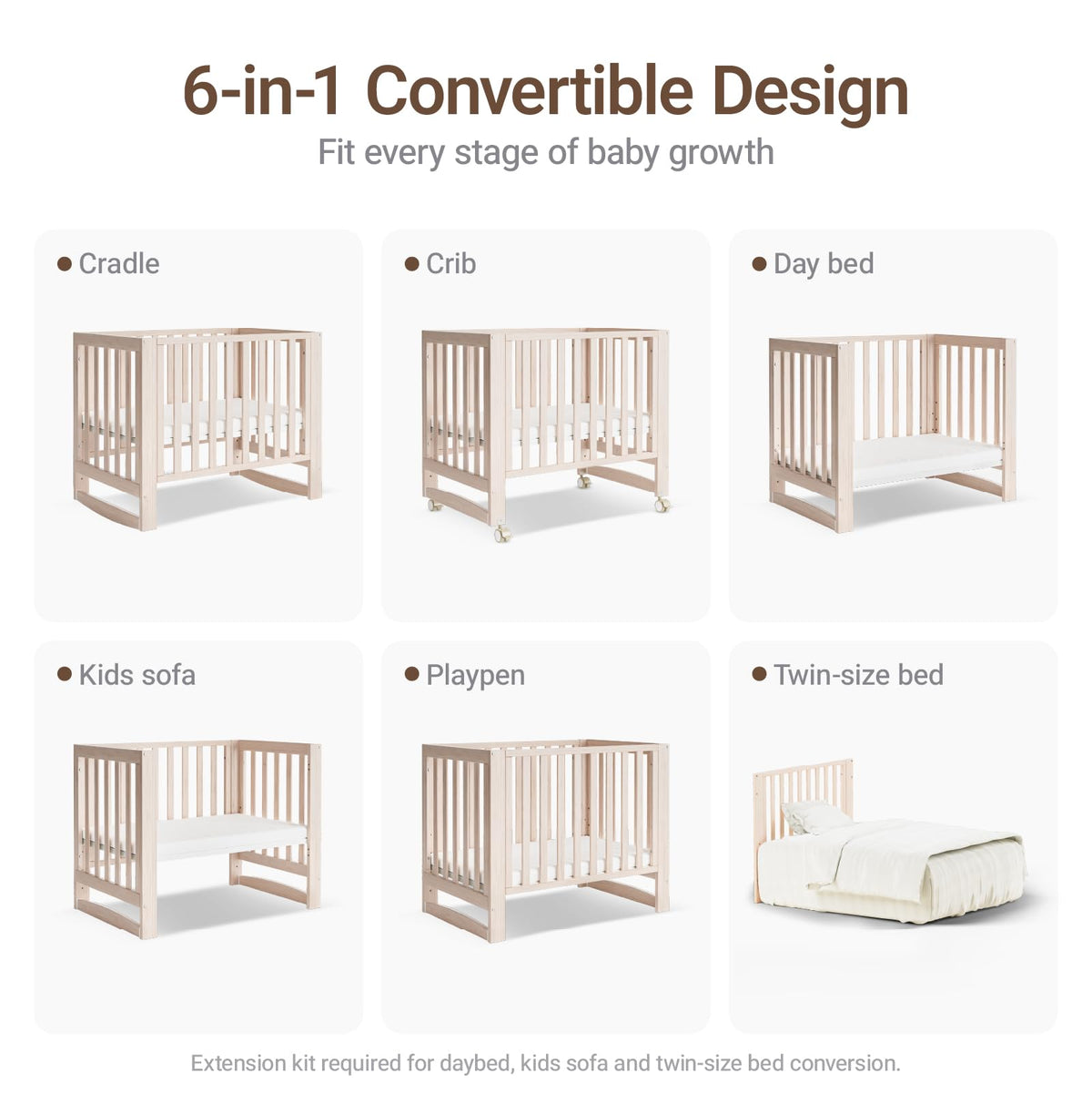 MAMAZING EvoNest 6-in-1 Convertible Baby Mini Crib with Wheels