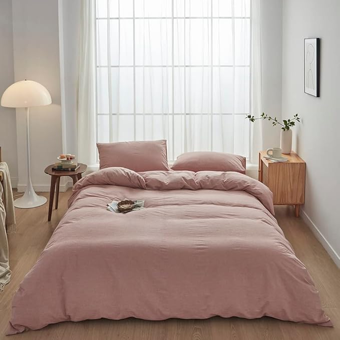 FACE TWO FACE Bedding Duvet Cover Set100% Washed Cotton Duvet Cover Linen Like Textured Breathable Durable Soft Comfy (Full, Old Pink)