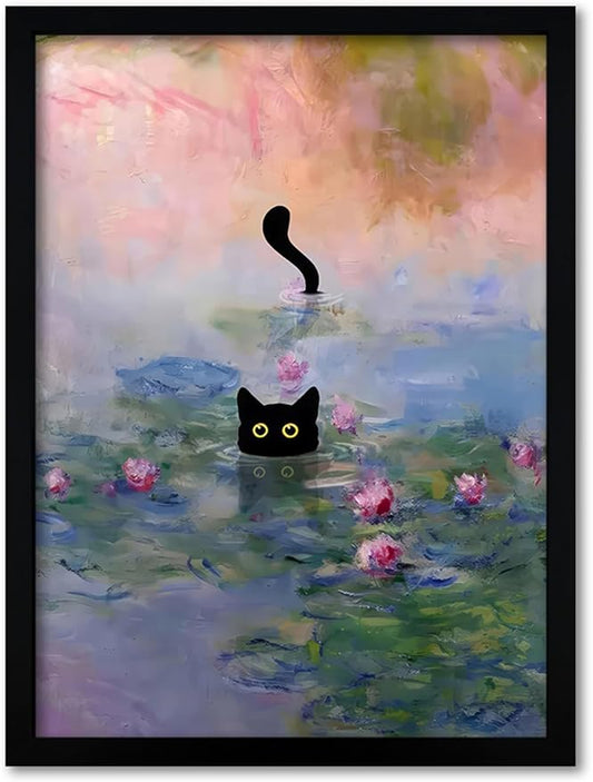 Krtoni Framed Funny Black Cat Canvas Wall Art, Black Cat in the Pink Water Lily Wall Decor, Vintage Preppy Aesthetic Animal Posters Prints for Living Room Bedroom Bathroom Decor 24''L x 16''W