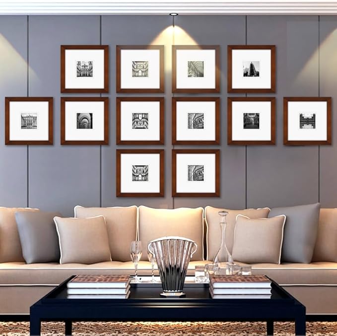 RPJC 8x8 Soild Wood Picture Frame with High Definition Glass Display Pictures 4x4 with Mat or 8x8 Without Mat for Wall Mounting Hanging Photo Frame Brown