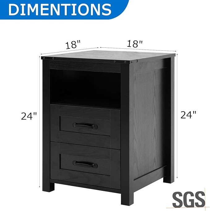 Farmhouse Nightstand with 2 Storage Drawers, Black Wood Bedside Table, Sturdy End Table with Shelf for Bedroom, Dorm, Living Room, Black