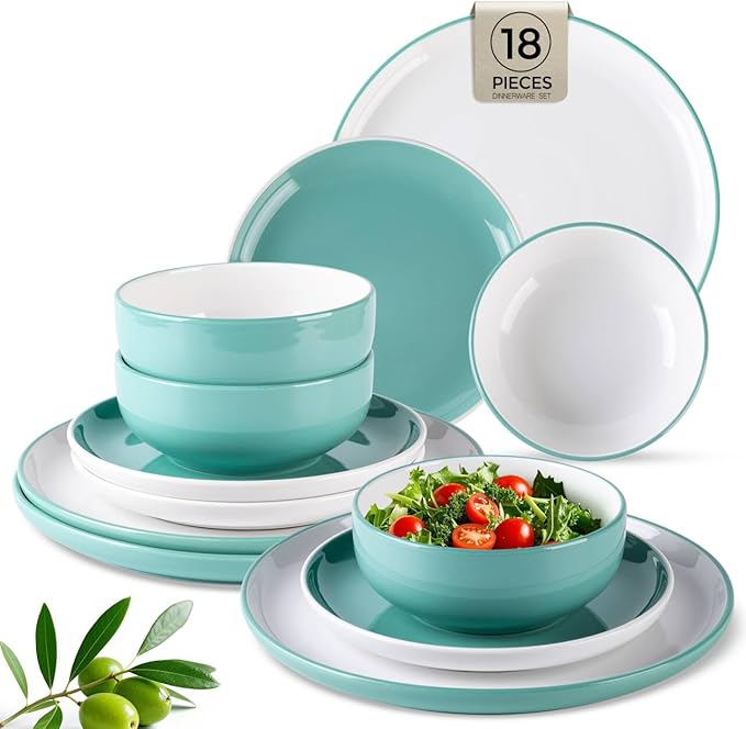 GBHOME 18 Pieces Ceramic Dinnerware Set, Modern White Dish Set for 6，Scratch Resistant Smooth Plates and Bowls Sets，Oven Safe，Microwave & Dishwasher