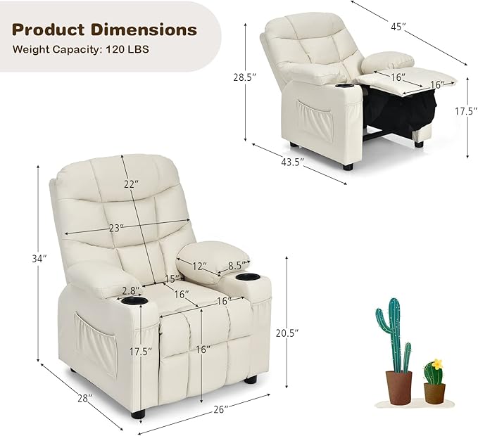 Kids Recliner, Kids Recliner Chair w/ 2 Cup Holders, PU Leather Kids Chairs Compy w/Adjustable Backrest & 3 Pockets, Toddler Furniture Sofa for Boys Girls Aged 3+ (Beige)