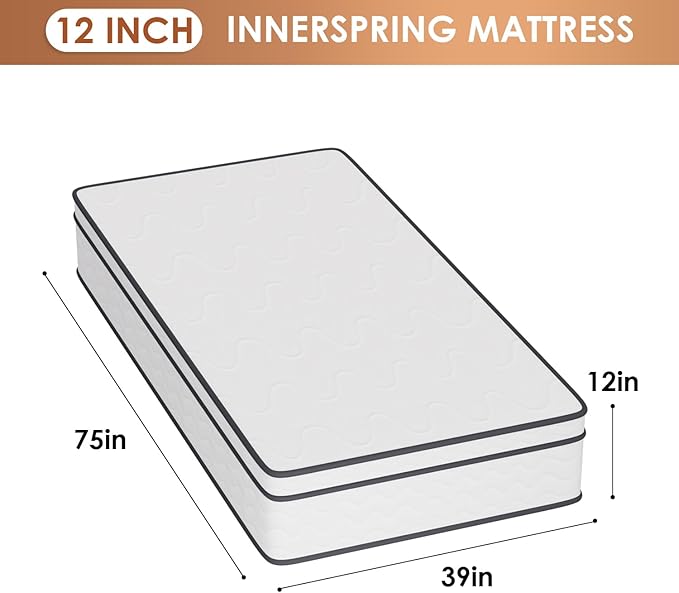 PayLessHere 12 Inch Innerspring Mattress in a Box with Bamboo Charcoal Gel Memory Foam Fiberglass Free CertiPUR-US Certified Medium Firm Spring Mattress Pressure Relief,Twin