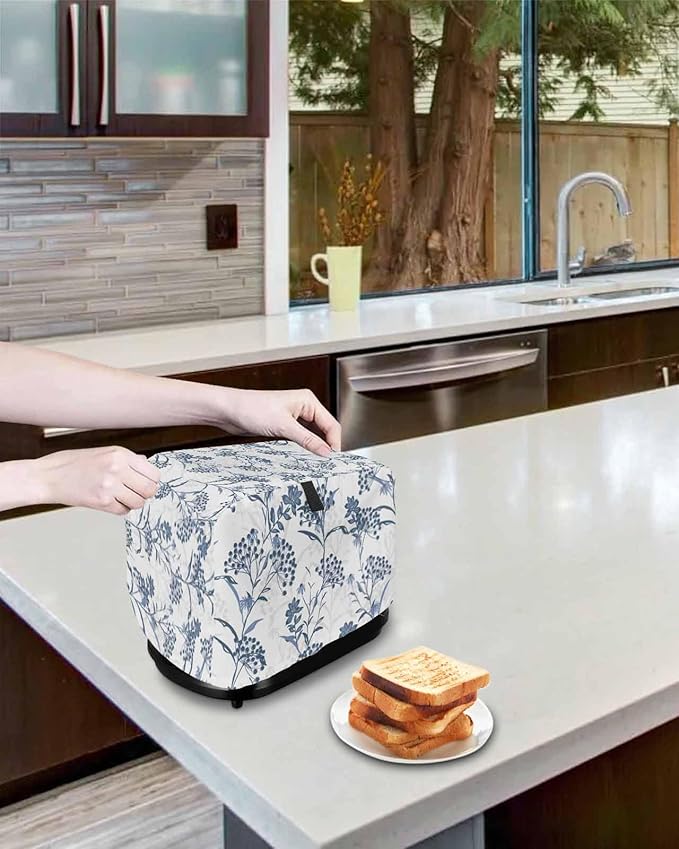 Toaster Cover 2 Slice Blue Leaves Toaster Oven Cover with Pockets Fruit Floral Plant Dustproof Bakeware Protector Small Kitchen Appliance Dust Covers and Fingerprint Protection for Women