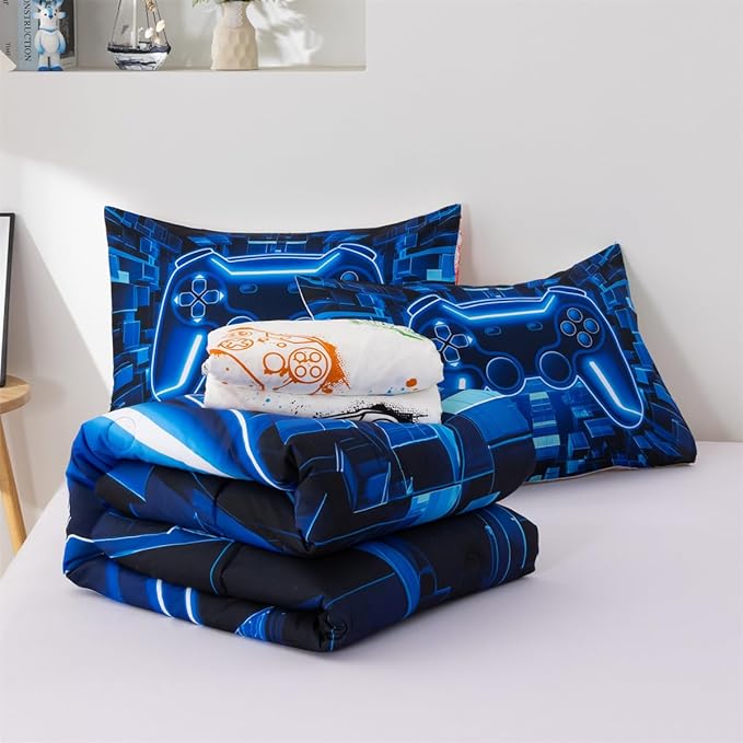 NTBED 5pcs Game Console Comforter Set for Boys Girls Kids Block Lightweight Microfiber Bedding Sets (Blue, Full)