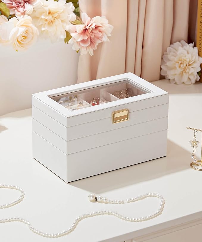 Homde Jewelry Tray Stackable Jewelry Box with Glass Lid, Removable Dividers for Vanity Table Gift Idea for Girls and Women (White)