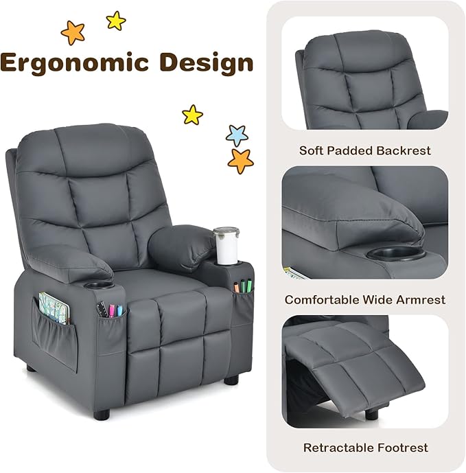Kids Recliner, Kids Recliner Chair w/ 2 Cup Holders, PU Leather Kids Chairs Compy w/Adjustable Backrest & 3 Pockets, Toddler Furniture Sofa for Boys Girls Aged 3+ (Grey)