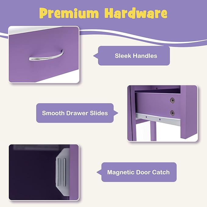 Costzon Kids Desk and Chair Set, Children Wooden School Learning Table w/Drawer & Storage Cabinets, Student Writing Computer Workstation for Bedroom & Study Room, Gift for Ages 3-8 (Purple)