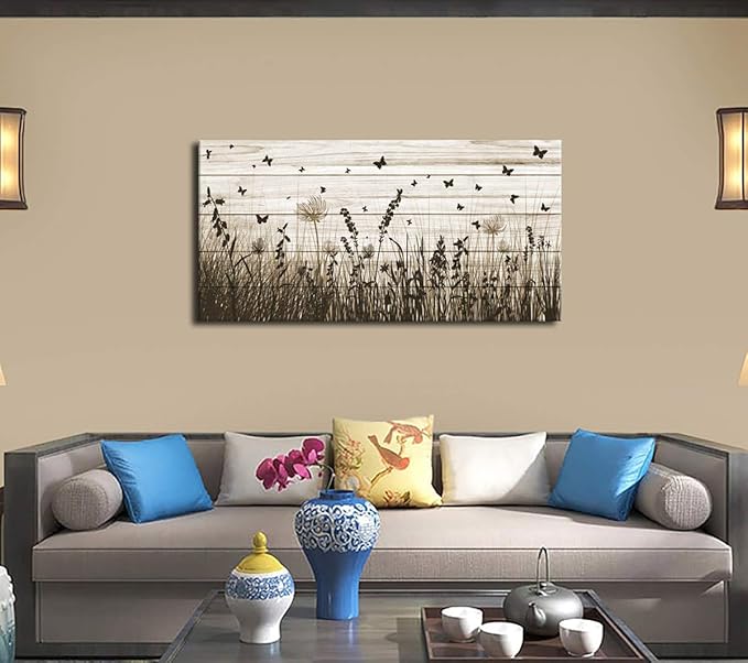 Wildflower Wall Art Autumn Canvas Picture Butterfly Grass Dandelion Artwork Vintage Wooden Board Painting Prints for Bedroom Living Room Office Home Kitchen Wall Decor Framed Ready to Hang 30" x 60"