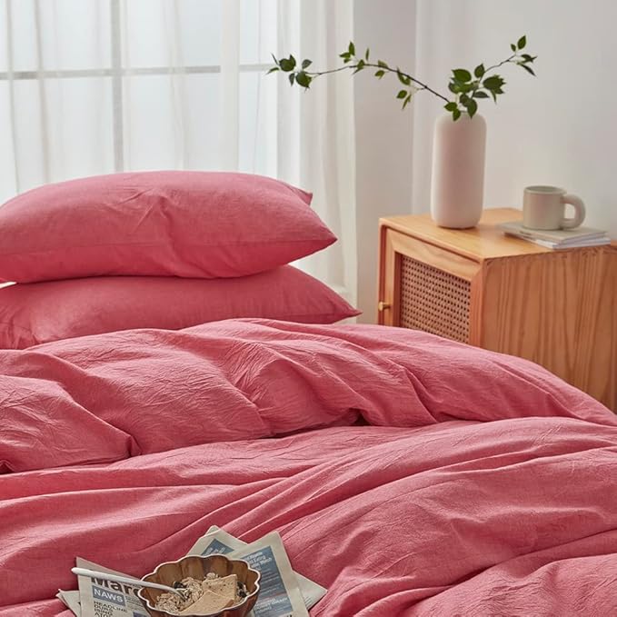 FACE TWO FACE Bedding Duvet Cover Set100% Washed Cotton Duvet Cover Linen Like Textured Breathable Durable Soft Comfy (Queen, Red)