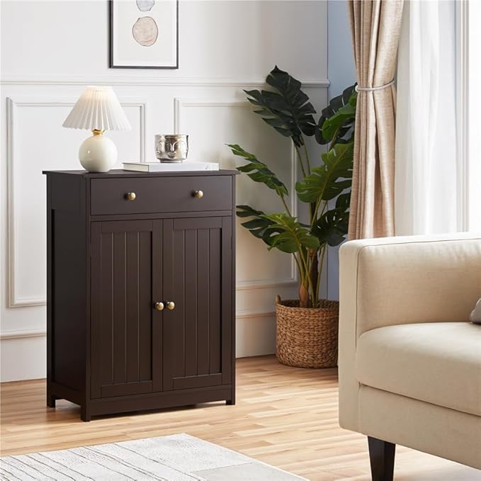 Yaheetech Set of 2 Bathroom Storage Cabinet with 1 Drawer, Freestanding Bathroom Cabinet with 2 Doors and 3-Level Adjustable Shelf, Modern Furniture for Laundry Room, Corridor, Espresso