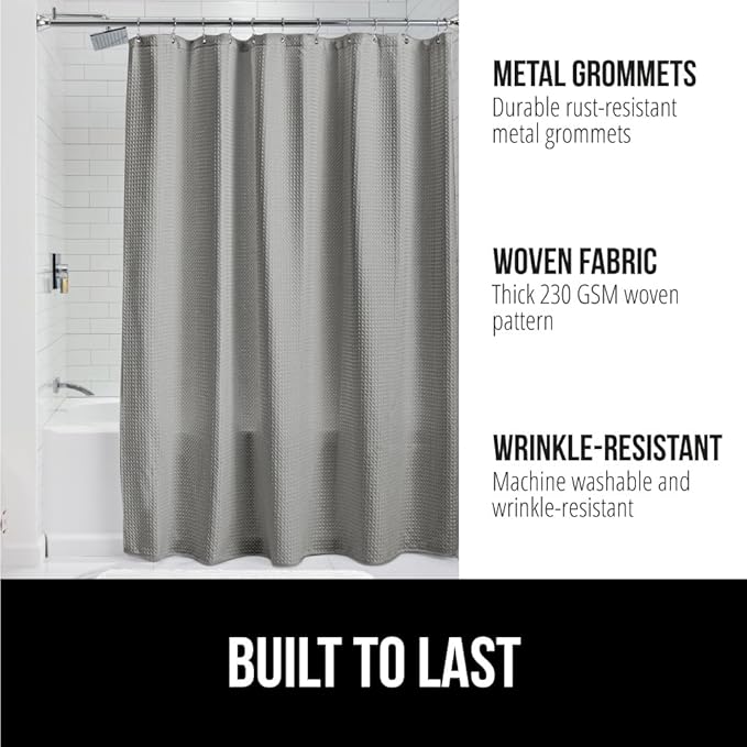 GORILLA GRIP Waffle Shower Curtain, Thick Weighted Fabric, Wrinkle and Rust Resistant, Classic Hotel Quality Design, Heavy Duty Long Curtains for Bathroom Showers, Bath Tubs, Machine Wash, 72x72, Gray