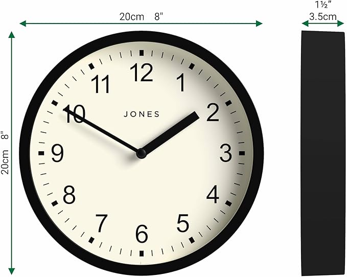 JONES CLOCKS® Spin Wall Clock | Small Modern Round Clock | 8 inch | Black | Easy to Read Numbers | Ideal for Kitchen, Office, Children’s Room or Any Small Space
