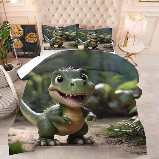 Green Dinosaur Comforter Set Full Size for Boys Room Decor, 3D Dinosaur Bedding Set for Kids, Cute Dino Bed Set with 1 Comforter and 2 Pillowcases