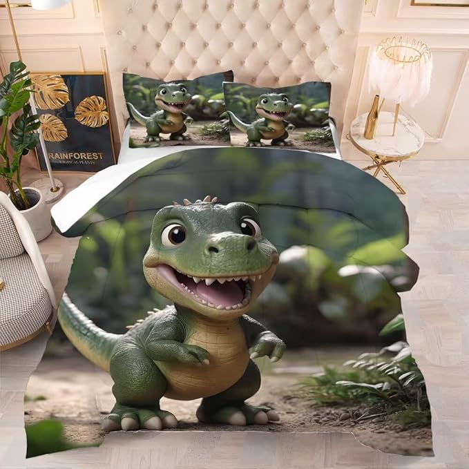 Dinosaur Comforter Set King Size for Boys and Teens, T-Rex Comforter Set Dinosaur Bedding Set for Kids Room Decor, 3D Dino Bed Set with 1 Comforter and 2 Pillowcases