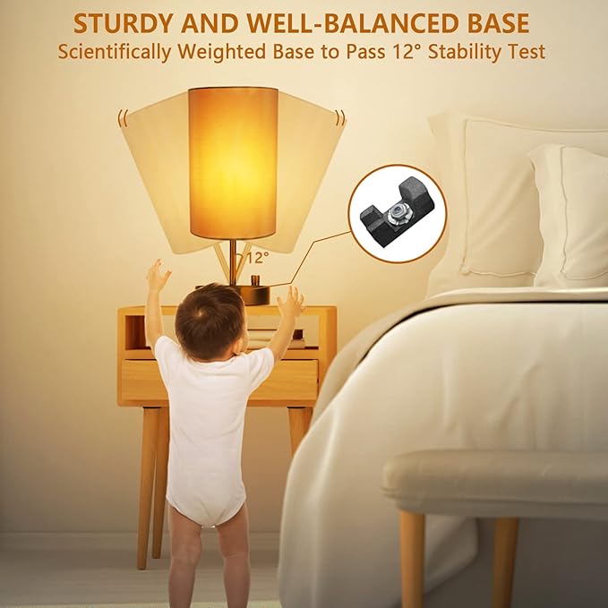 HiBay 17.75" H Dimmable LED Bedside Table Lamp with USB Charging Ports & AC Outlet, Modern Black Nightstand Light for Bedroom, Office, Living Room, Kids Room, Round Fabric Shade, E26 Bulb Included