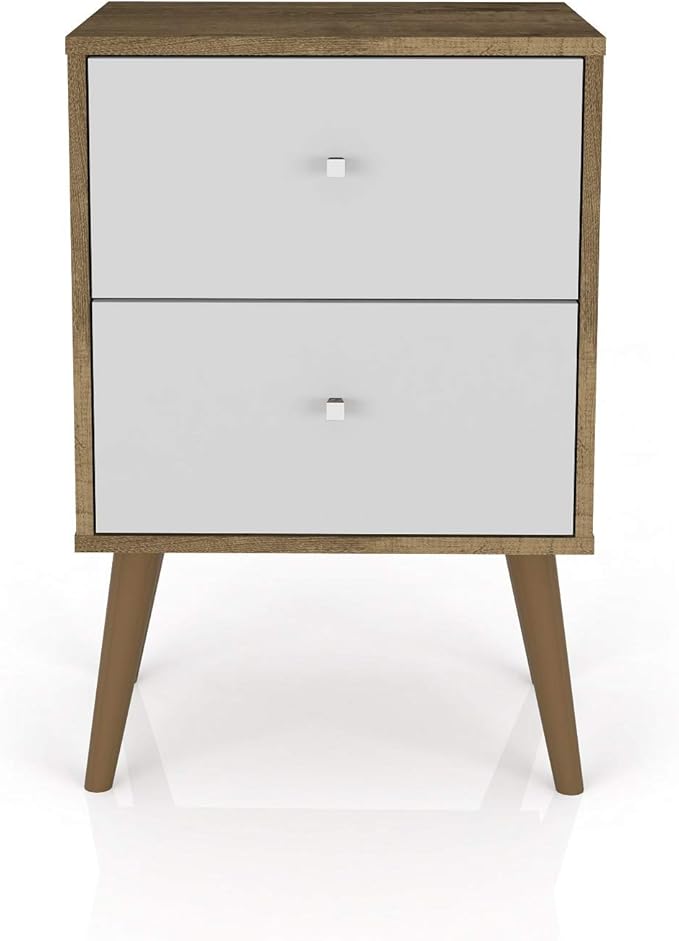 Manhattan Comfort Liberty Mid Century Modern Nightstand with Drawers, Bedside Table for Bedroom and Living Room, Night Stand Accent Decor, Easy Assembly, Brown/White