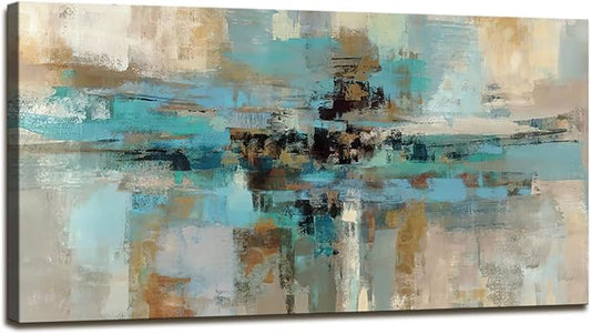DZL Art A74775 Canvas Prints Abstract Wall Art Print Paintings Blue and Brown Stretched Canvas Wooden Framed for living Room Bedroom and Office Home Decor Artwork