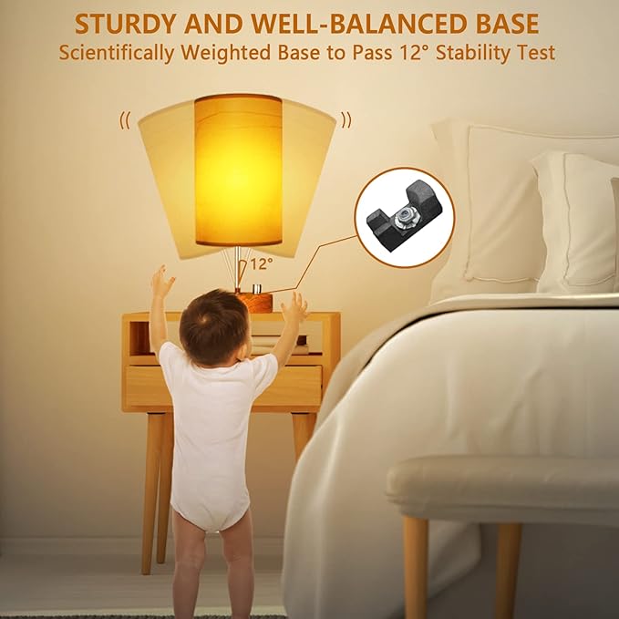 HiBay 17.75"H Dimmable LED Bedside Table Lamp with USB Charging Ports & AC Outlet, Modern Wood-Grain Nightstand Light for Bedroom, Office, Living Room, Kids Room, Round Fabric Shade, E26 Bulb Included