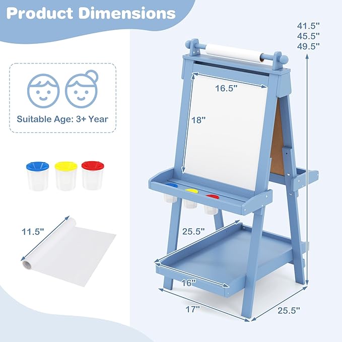 OLAKIDS Easel for Kids, 3 in 1 Adjustable Painting Art Board, Foldable Double-Sided Wooden Drawing Chalkboard Magnetic Whiteboard with Paper Roll, Storage Rack, Cups for Boy Girls (Blue)
