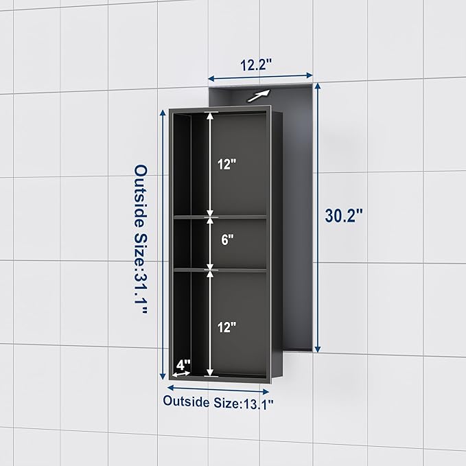 Stainless Steel Shower Niche 12" X 30", No Tile Needed Wall Niche Three-Tiers, Recessed Shower Shelf for Bathroom Storage, Matte Black
