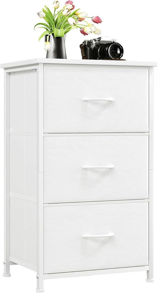 Somdot Small Dresser for Bedroom with 3 Drawers, Nightstand Storage Chest of Drawers with Removable Fabric Bins for Closet Bedside Living Room Laundry Entryway Hallway, White Leather