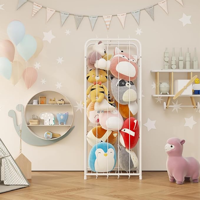 Stuffed Animal Storage Zoo Toy Organizer Corner Plush Metal Chest Extra Large Holder Standing Space Save Vertical With Elastic For Nursery Kids Room,White (White, Large)