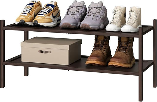 Bamboo Shoe Rack for Entryway, 2-Tier Stackable | Foldable | Natural, Shoe Organizer for Hallway Closet, Free Standing Shoe Racks for Indoor Outdoor