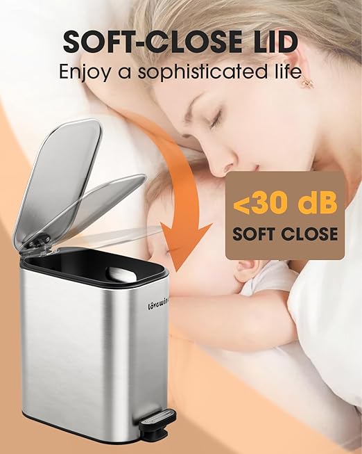LOVEWIND Bathroom Trash Can with Lid, 1.6 Gallon/ 6 Liter Stainless Steel Garbage Can with Removable Inner Bucket, Step Pedal Wastebasket-Narrow Waste Bin for Bathroom, Toilet, Office, Bedroom, Silver