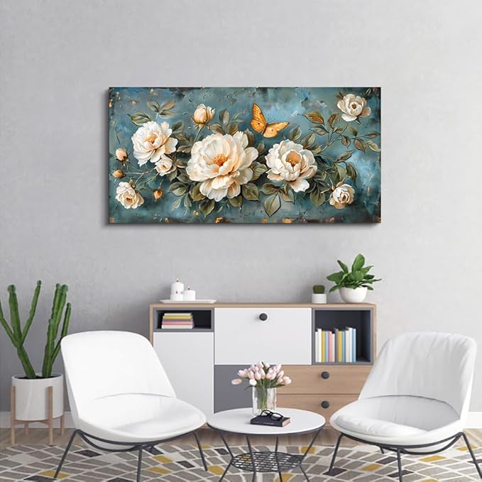 hyidecorart Living Room Canvas Wall Art White Flowers Artwork Pictures Wall Decor For Bedroom Office Decorations Modern Family Wall Paintings Posters Ready To Hang Large Framed Aesthetic Home Decor