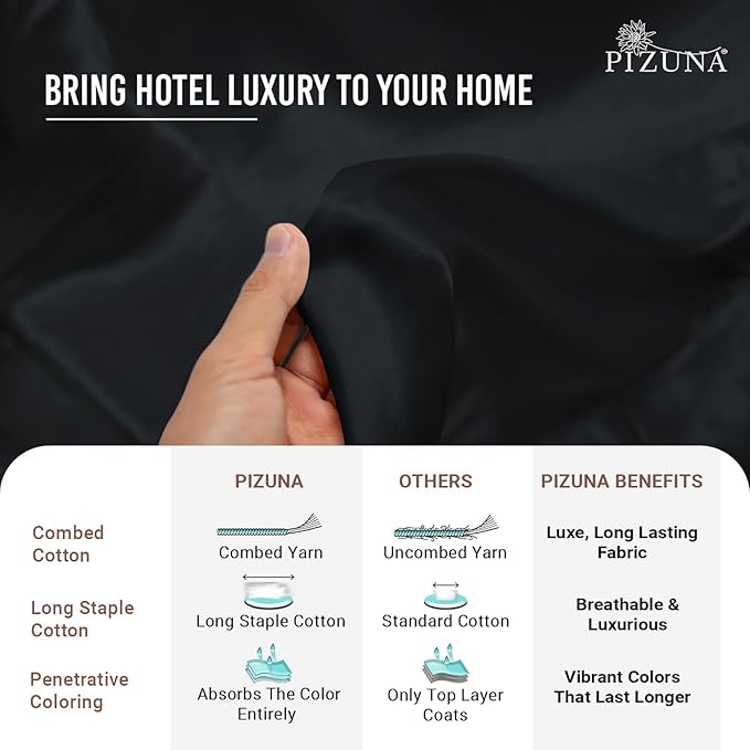 Pizuna 100% Cotton Queen 3 Pc Duvet Cover + 1 Pc Fitted Sheet Set 400 Thread Count Black Sateen Weave Luxurious Long Staple Cotton 4 Piece Bedding Set - 1 Duvet Cover, 2 Pillow Shams, 1 Fitted Sheet