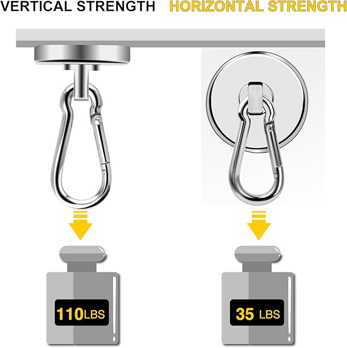 DIYMAG Magnetic Hooks, 110LBS Strong Heavy Duty Neodymium Magnet Hooks with Swivel Carabiner Hook,Great for Your Refrigerator and Other Magnetic Surfaces, Pack of 7