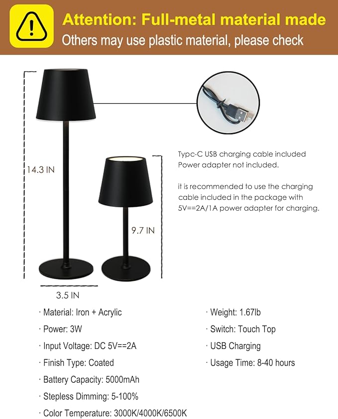 Cordless Table Lamp, Rechargeable Table Lamp with Touch Dimmable Control, Portable LED Desk Lamp for Indoor Patio (Black-Round, 1)