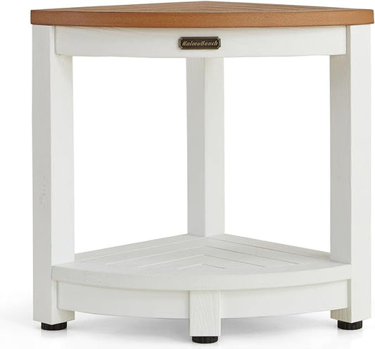 HDPS Corner Shower Stool for Shaving Leg, Waterproof Shower Bench Seat for Inside Shower, Poly Lumber Plastic Bath Shower Chair Seat, White+Brown, Weight Capacity 500LBS