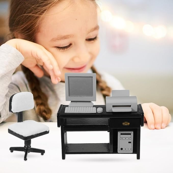 Toyvian Miniature Desk Office Furniture: 1 Set Dollhouse Mini Computer Desk and Tiny Chair Model Ornament for Crafts, Kids Doll House Decor