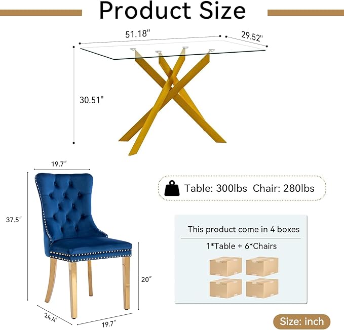 Goujxcy 5 Piece Glass Dining Table Set Modern Glass Dining Table Set for 4, 51" Rectangular Kitchen Table and 4 Velvet Upholstered Chairs for Kitchen Dining Room, Gold Table & Blue Chair