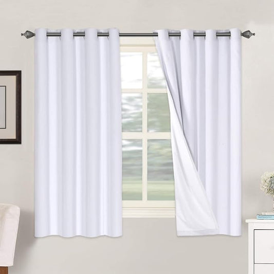 H.VERSAILTEX Linen Blackout Curtains 63 Inches Long 100% Blackout Thermal Insulated Textured Linen Look Curtain Draperies Anti-Rust Grommet, Energy Saving with White Liner, 2 Panels, Bright White