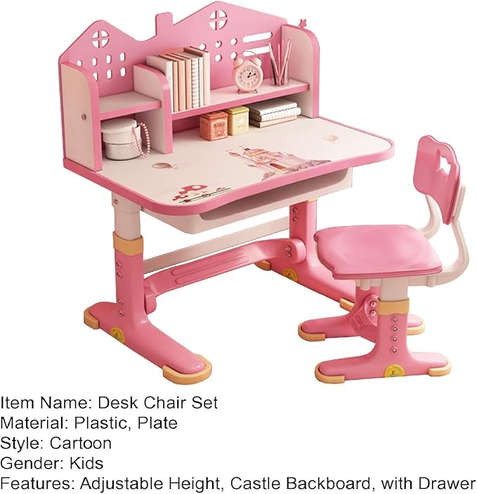 Kids Desk and Chair Set, Height Adjustable Kids Study Table and Chair Set, Children School Desk with Storage Drawer and Book Stand, Ergonomic Child Toddler Deskwith Sitting Posture Corrector (Pink 1)