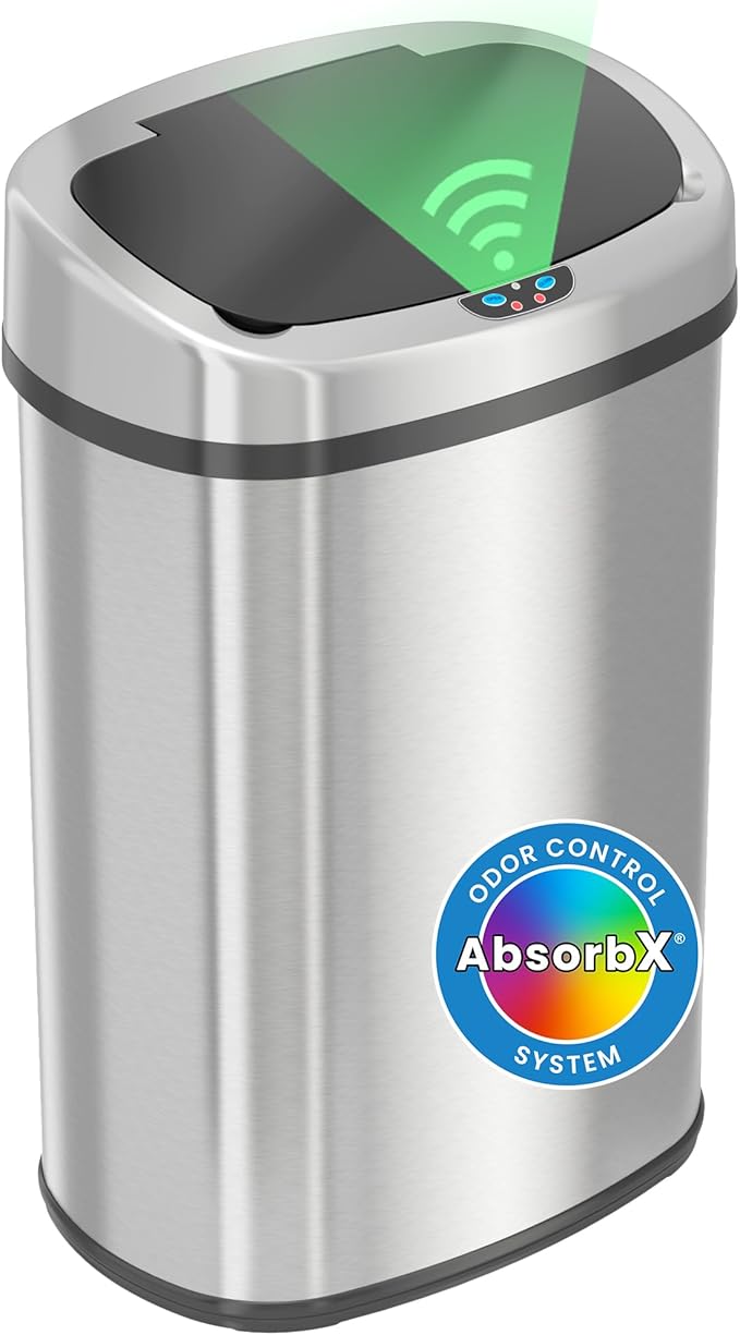 iTouchless SensorCan 13 Gallon Kitchen Trash Can with Lid & Odor Filter – Motion Sensor Stainless Steel Garbage Bin for Home, Office, or Garage – Slim Oval Shape, Large Capacity Design