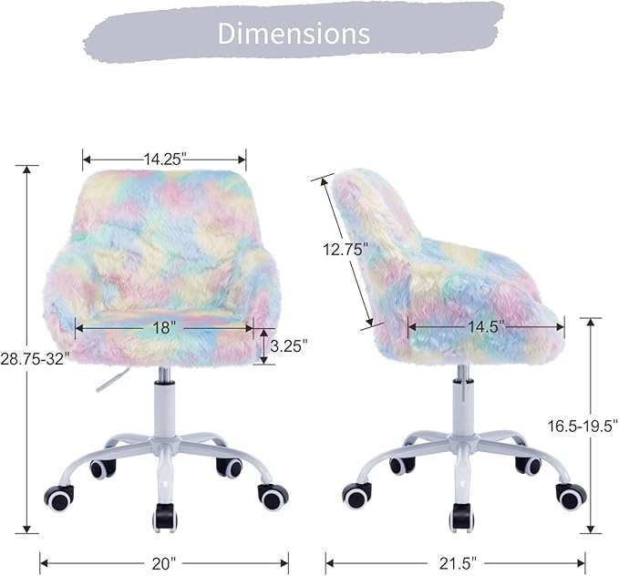 HEAH-YO Swivel Kids Chair, Adjustable Desk Chair with Armrest and Back, Cute Faux Fur Study Chairs for Boys and Girls, Rainbow Color