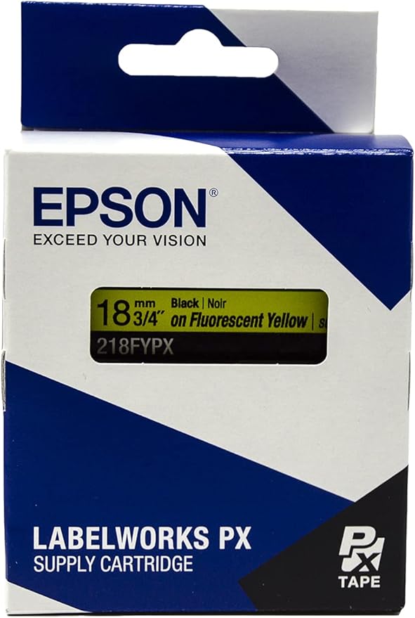 Epson LABELWORKS 218FYPX Genuine PET (Polyester) Tape Cartridge - Black on Fluorescent Yellow Label Maker Tape - 3/4" (18MM) Wide, 30'