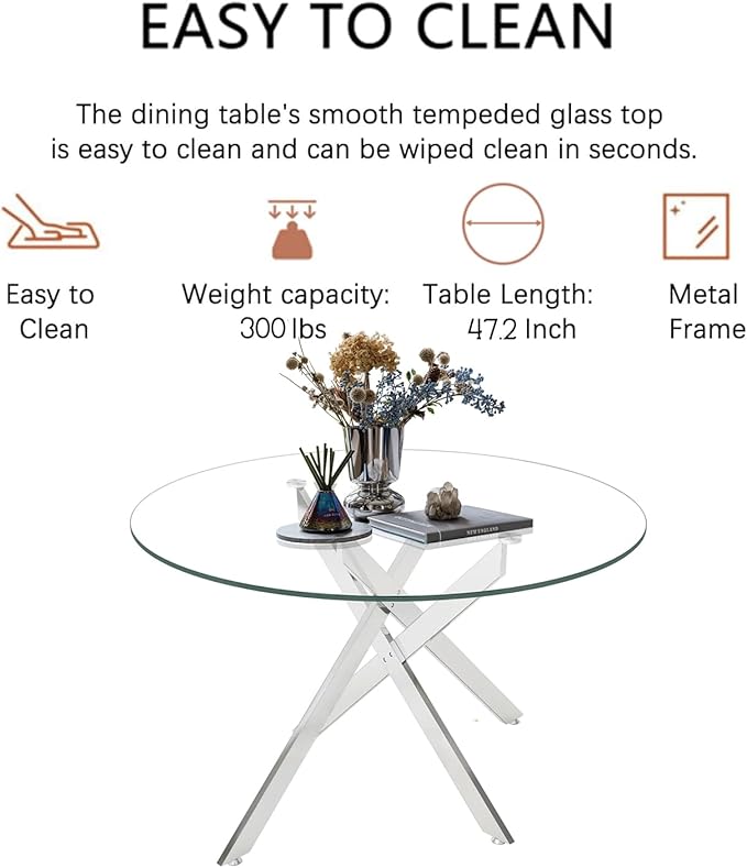 Goujxcy Round Dining Table Set for 4, Modern Glass Kitchen Table and Chairs Set of 4, 5 Piece Dining Room Table Set with 47" Circle Silver Metal Glass Dinner Table and 4 White Leather Dining Chairs