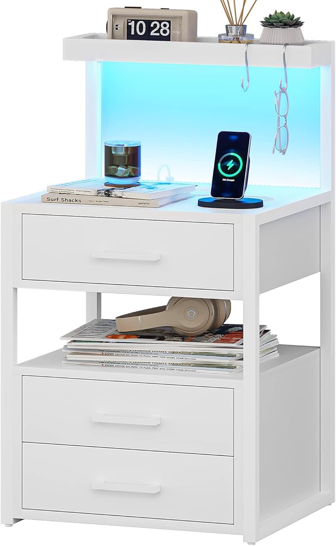 Nightstand with Charging Station and LED Lights, LED Night Stand with 2 USB Ports and 2 AC Outlets, Modern End Table with 3 Drawers, Bedside Table with Open Storage for Bedroom, White