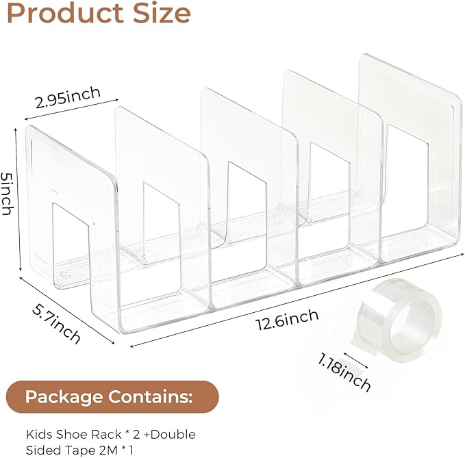Clear Acrylic Kids Shoe Rack for Closet Organizers and Storaget, Baby Shoe Storage Small Shoe Rack 4 Sections Kids Shoe Organizer Stackable,Desk File Sorter Book Purse Organizer 2PC