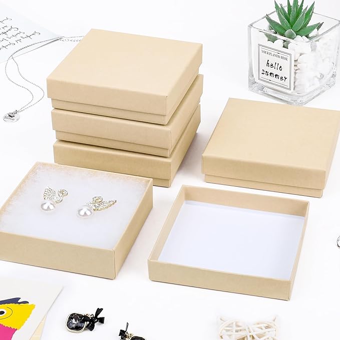 Cardboard Jewelry Gift Boxes, 20 Pack 3.5x3.5x1 Inch, Bulk Cotton Filled Small Jewelry Boxes with Lids for Necklace Ring Bracelet Earring Display Box (Brown)