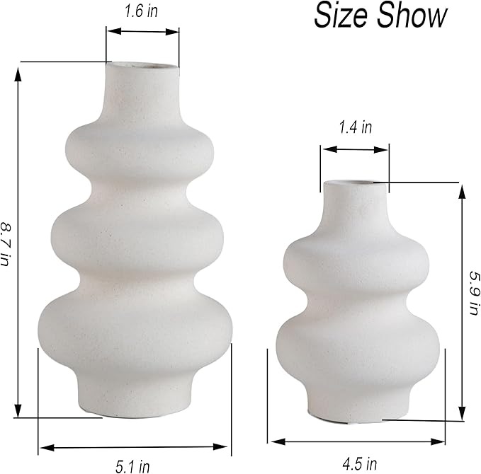 Ceramic Vase Set of 2, Off White Boho Vase for Modern Home Decor, Round Vases for Dried Flower, Pampas Grass, Pottery Vases for Office Centerpieces Wedding Dinner Table