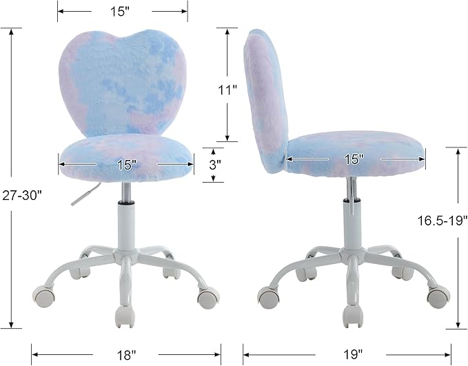 Cute Fuzzy Kids Chair for Children Rolling Study Desk Student Chair for Child Furry Computer Task Chair, Adjustable Heart Shaped Reading Desk Chairs for Bedroom Study,Babay Blue