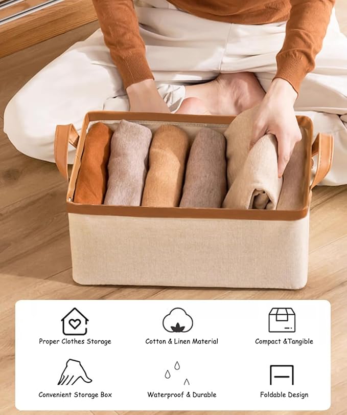 AARAINBOW 4 Pcs Closet Clothes Organizer with Handle, Fabric Storage Bin with Steel Frame Closet Shelf Box Stackable Shelf Storage Baskets Foldable Wardrobe Storage Box for Cltohes Toys, 20L (4 White)